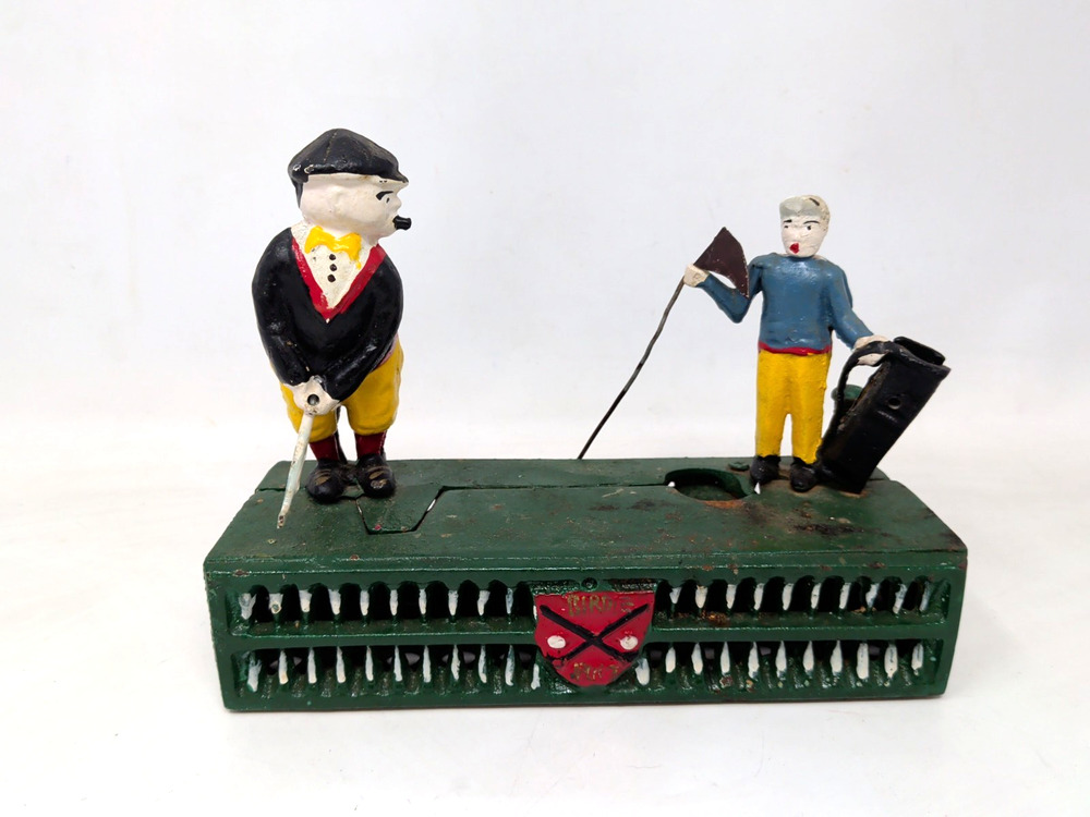Vintage Cast Iron Piggy Bank Golfers Birdie Putt Coin Golf Mechanical Moving